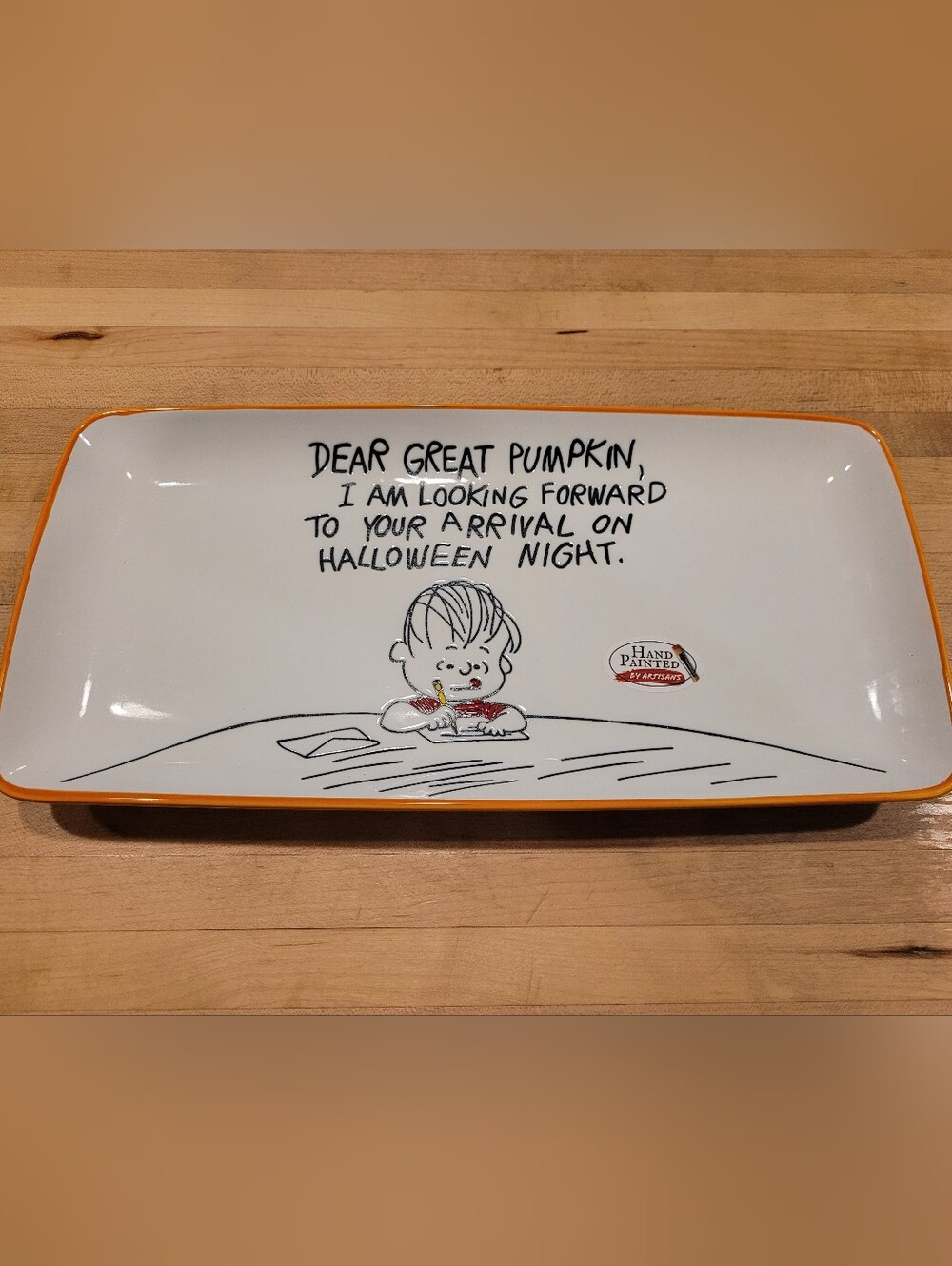 NEW Hand Painted Ceramic Halloween Serving Platter - White with Orange Trim